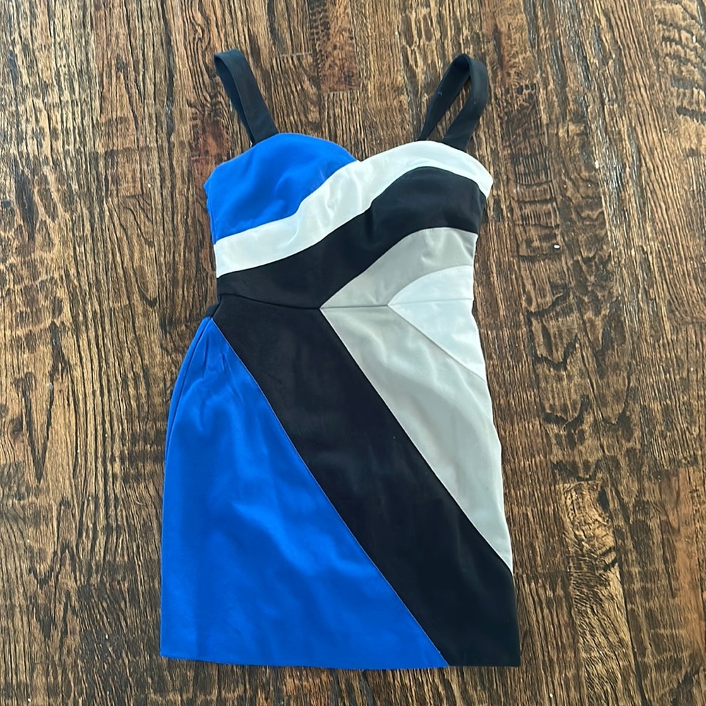 Bcbg XS blue, white, black and grey dress